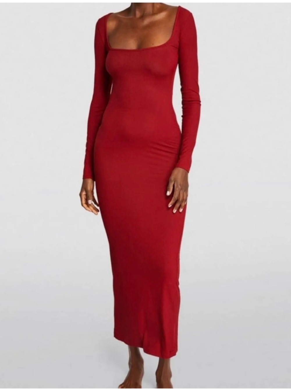 Skims Soft Lounge Long Sleeve Ribbed Dress in Brick Size Small